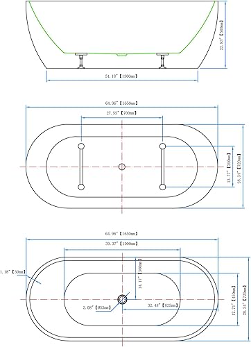 Miniatura 2 de Mokleba Bañera independiente de acrílico de 66 pulgadas, con una sola pantufla, bañera de pie con desbordamiento ranurado integrado, drenaje cromado
