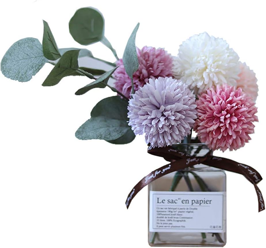 Artificial Flowers with Vase, Fake Ball Chrysanthemum Flowers in Thin Glass Vase, Faux Flower Arrangements for Home Decor, Green, Small