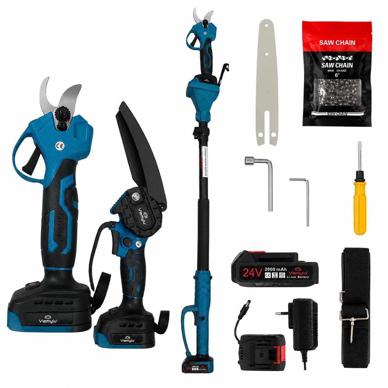 Kit Potatura 2 in 1, Forbice Elettrica a Batteria 24V 2000mAh con Asta Telescopica, Taglio fino a 30mm, Motore Brushless