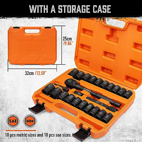 Image of HORUSDY 1 /2 inch Drive Shallow Impact Socket Set, 24-Piece SAE (7 /16 inch-1 inch) and Metric (13-24mm), 6 Point, Cr-V, Includes 1 /2-Inch Drive Ratchet Handle, Drive Extension Bar