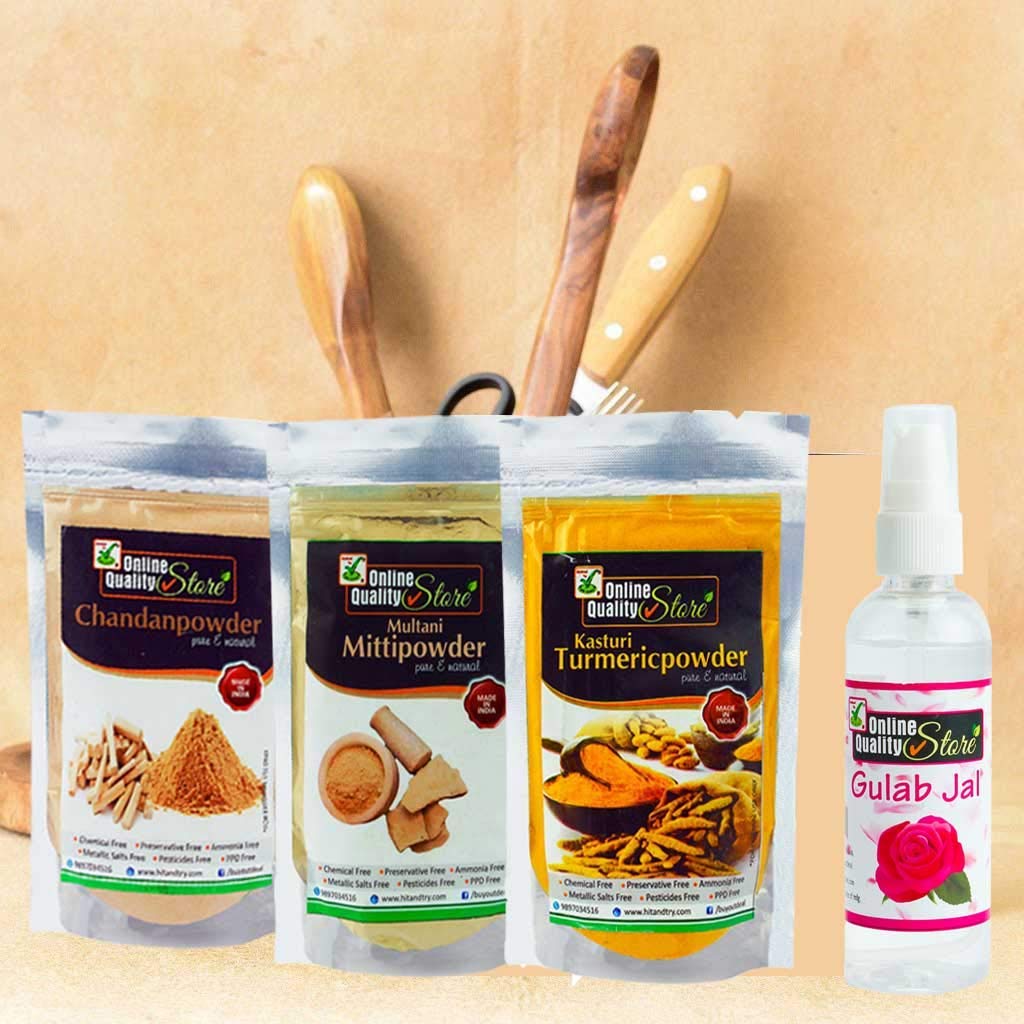 Online Quality Store Herbal Multani Mitti (200g) + Kasturi Turmeric Powder For Face (50g) + Sandalwood Powder Pure natural For Skin Whitening (50g) + FREE Pure Rose Water (100ml), Combo Pack, 400g Online Quality Store Herbal Multani Mitti (200g) + Kasturi Turmeric Powder For Face (50g) + Sandalwood Powder Pure natural For Skin Whitening (50g) + FREE Pure Rose Water (100ml), Combo Pack, 400g