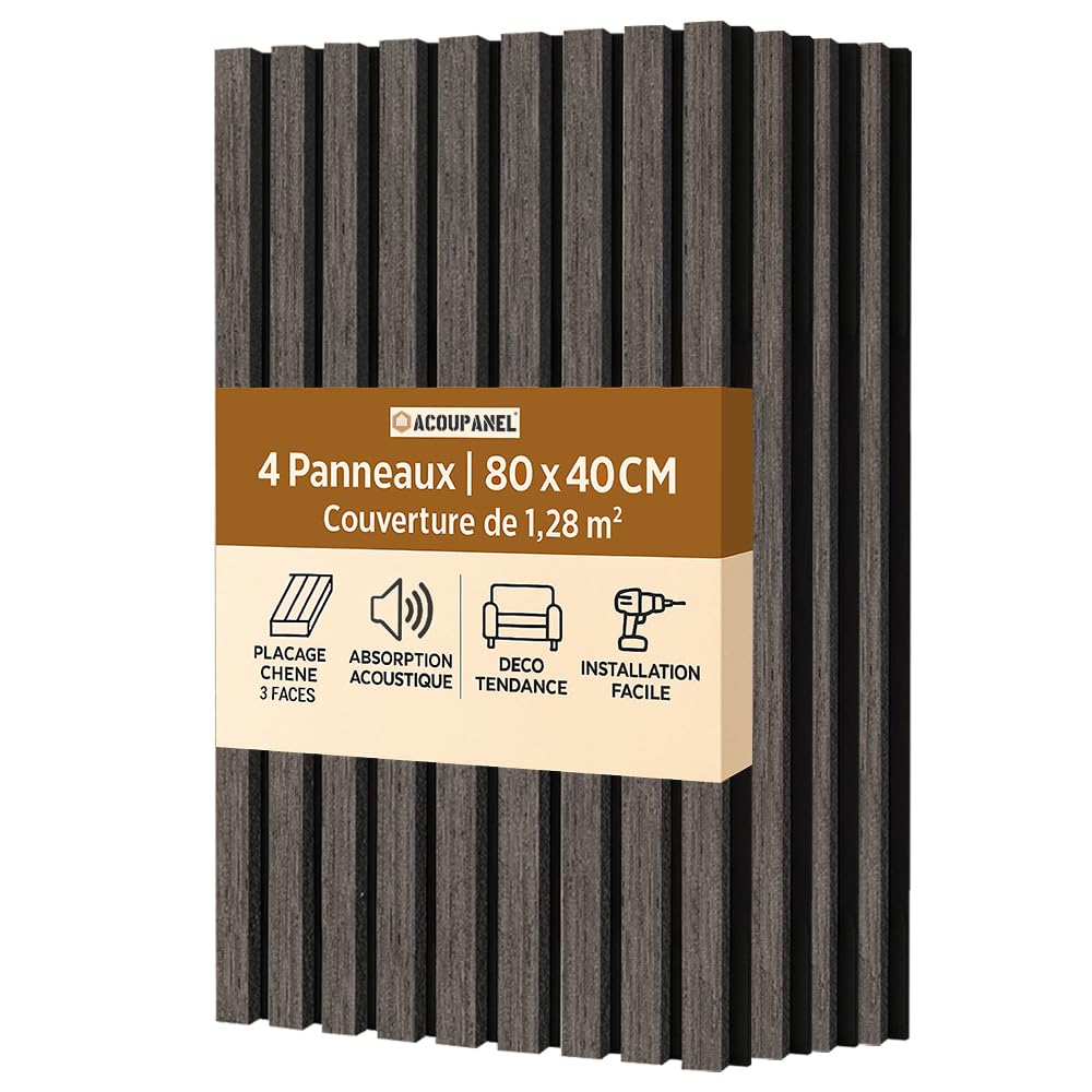 Panel acústico de tablillas de madera | Juego de 4 paneles de pared de 1,28 m² | Aislamiento acústico | Chapa de roble de 3 caras | Instalación fácil de pared o techo (roble negro)