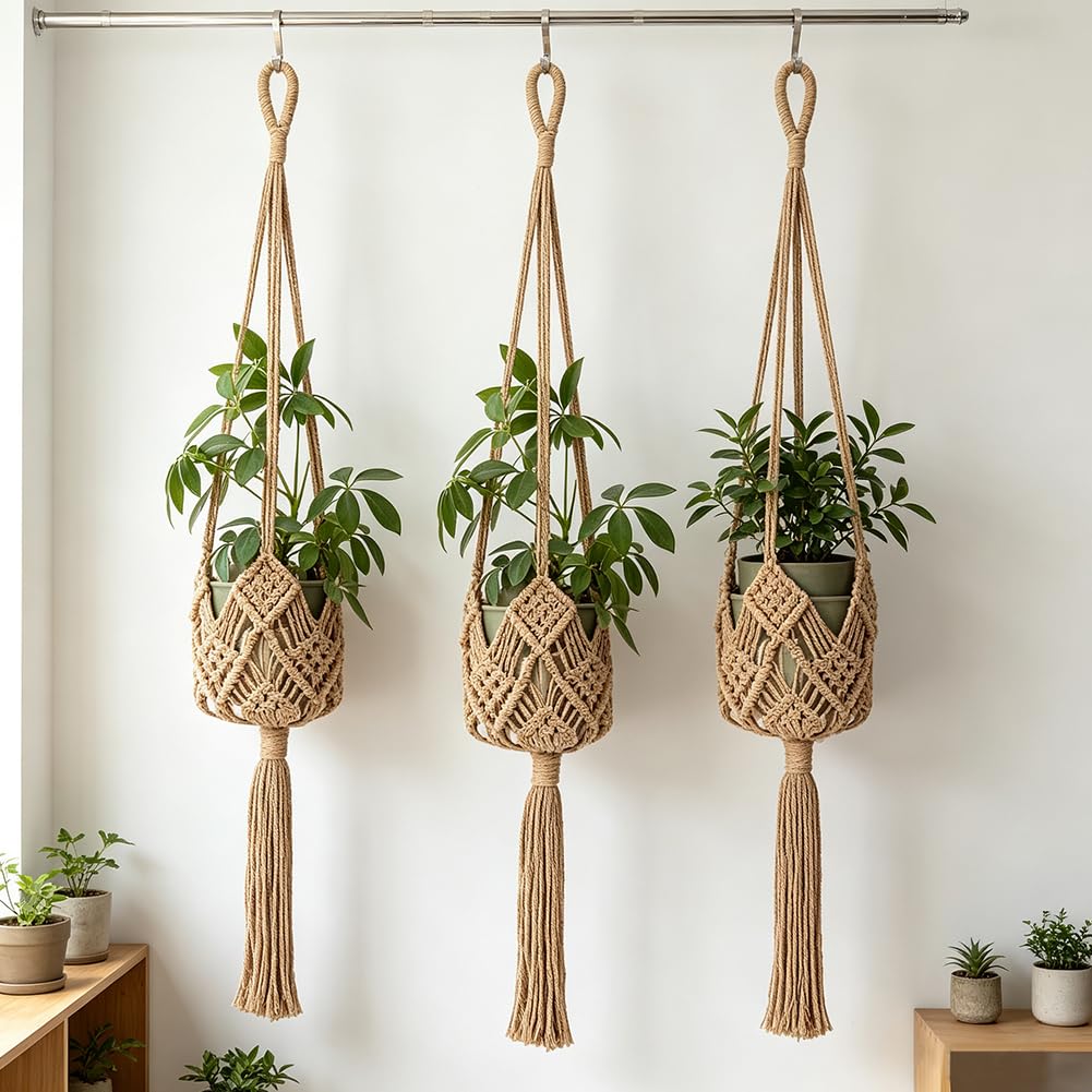 WEBEEDY Lot de 4 pots de fleurs tressés à la main en macramé avec crochets en acier inoxydable pour intérieur ou extérieur Marron