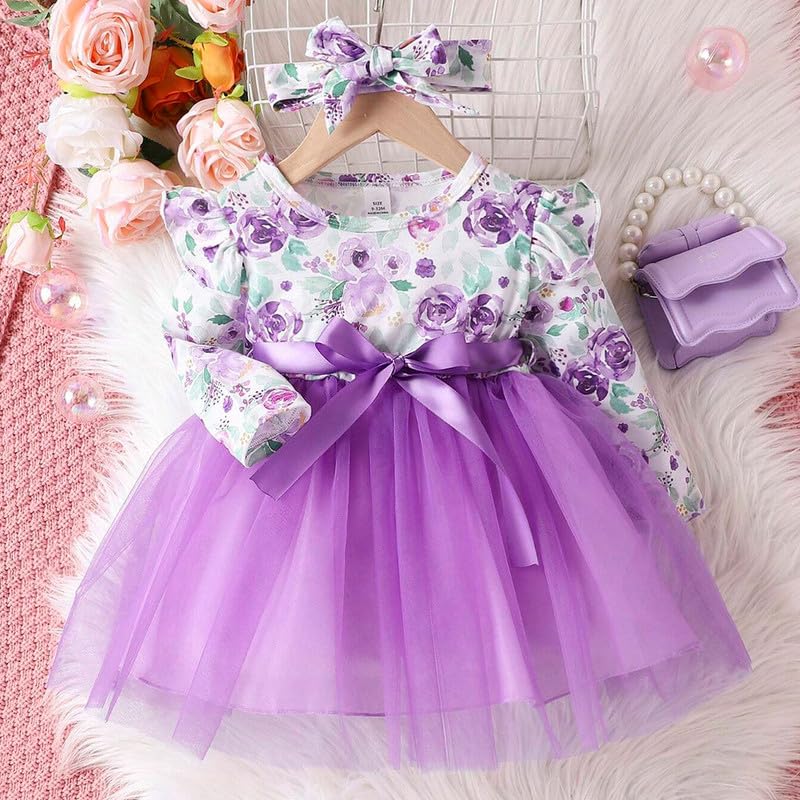 Image of Niren Enterprise Long Sleeve Printed Flower Belted Round Neck Baby Girl Frock with Knee-Length and A-Line Style