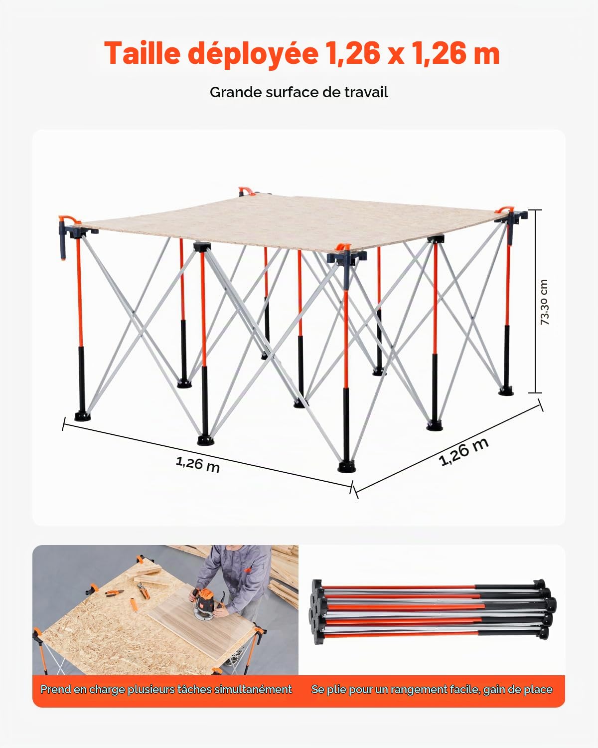 VEVOR Châssis Pliable Établi 126,4x126,4 cm, Support Table de Travail Charge 1589 kg, sans Assemblage, Pied d’Établi Portable avec Sac de Rangement, Plateau de Table Non Inclus, pour Garage Atelier