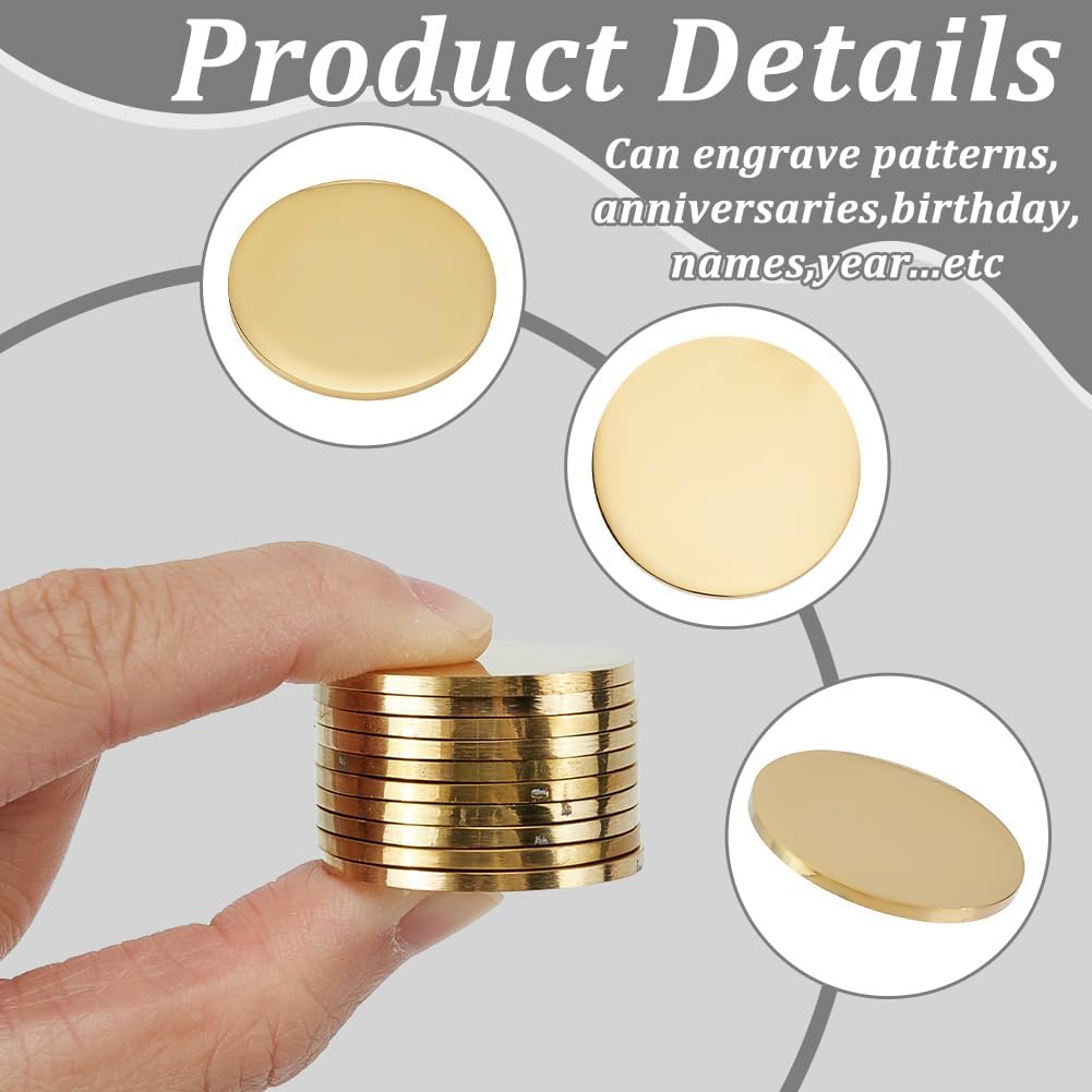 WEBEEDY 20 Pcs Stainless Steel Blank Challenge Coin Bulk 30mm/1.18 Inch Gold Plated Coin for Engraving and Stamping Heavy Duty Tags for DIY Crafts Jewelry Making Pet ID Tags Travel Spplies