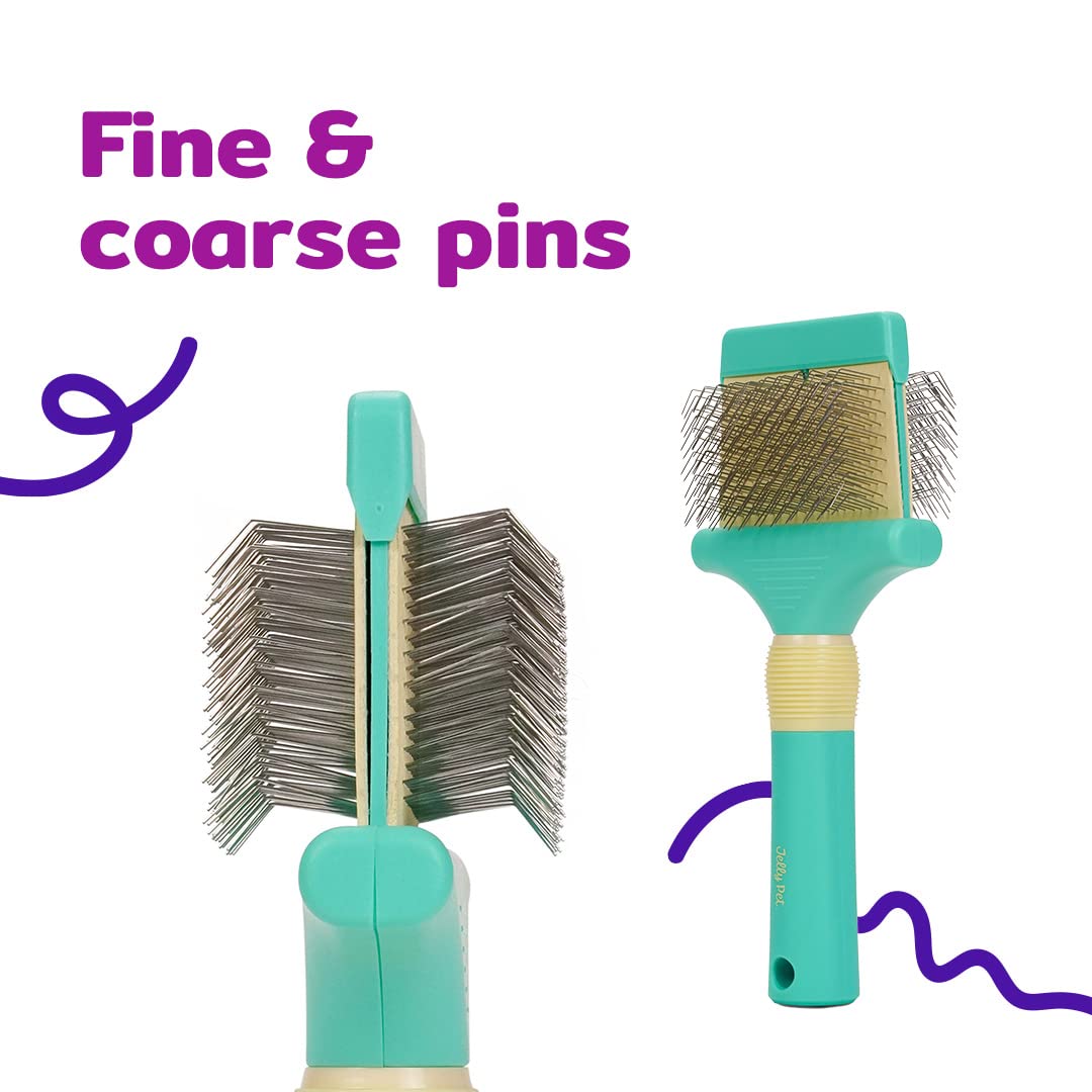 Jelly Pet Cepillo flexible de doble cara, hecho para profesionales, cabeza flexible, se desliza a través de un nudo, pines más largos, fabricado en EE. UU., Grande, verde azulado