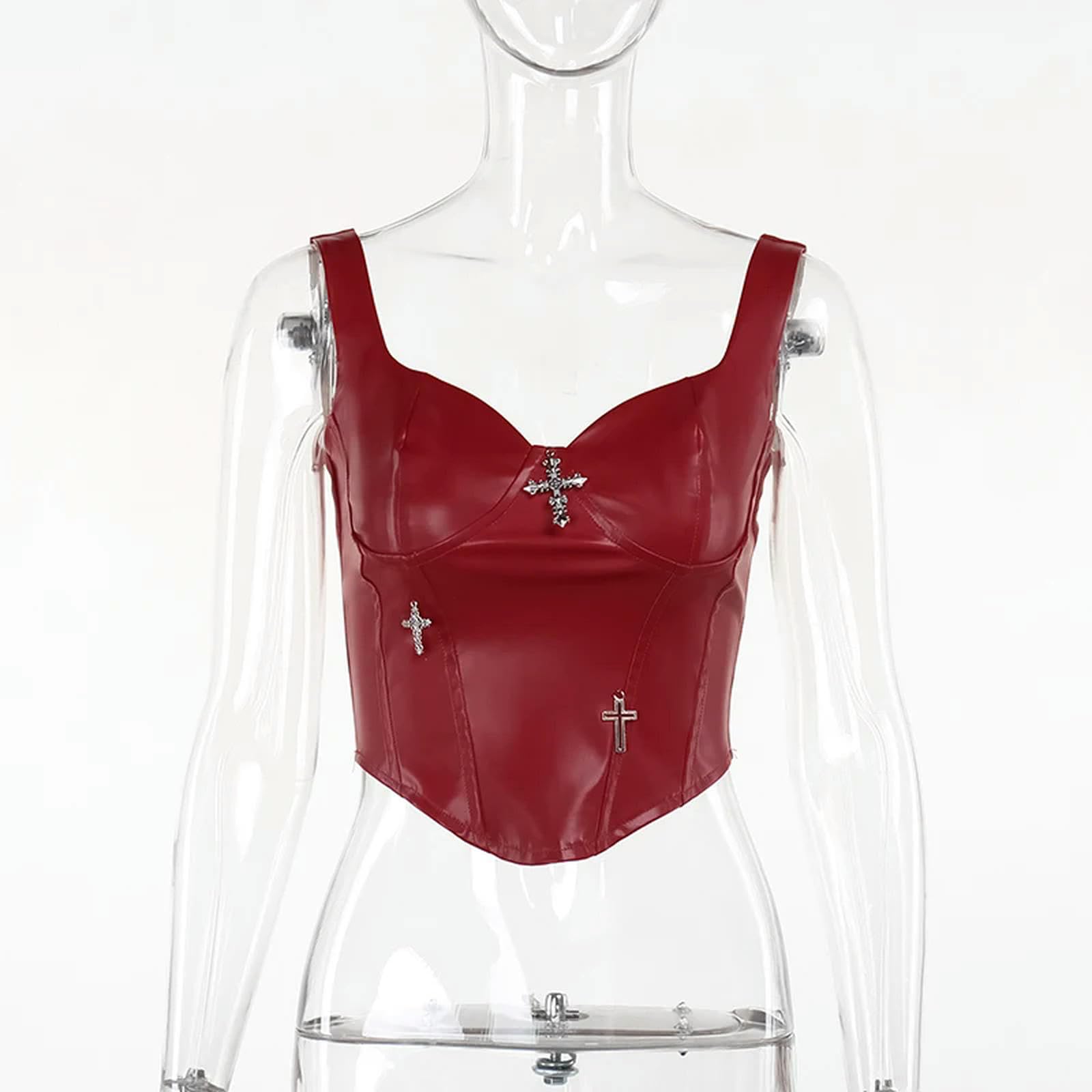 Corsetto con Cerniera Bianca per Donna, Scollo Quadrato, Bustier in Raso, Canotta Elegante, Festa Estiva-Rosso-M