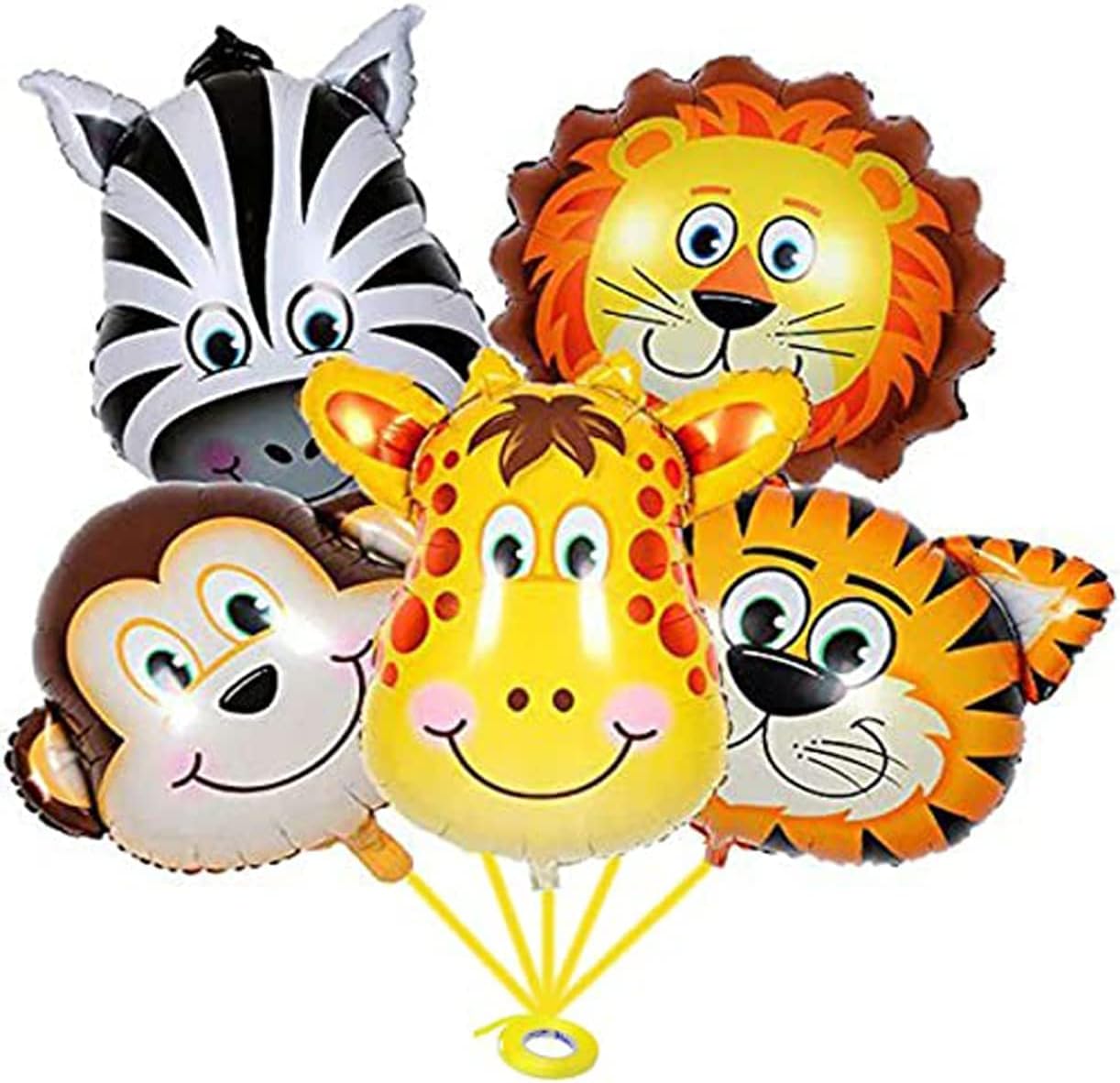 Propsicle Jungle Safari Foil Balloons - (Pack of 5) Animal Faces (Lion, Tiger, Zebra, Monkey, Giraffe) for Kids Birthday Decoration, Jungle Theme Backdrop, Baby Shower, School Events