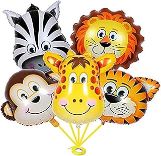 Propsicle Jungle Safari Foil Balloons - (Pack of 5) Animal Faces (Lion, Tiger, Zebra, Monkey, Giraffe) for Kids Birthday Decoration, Jungle Theme Backdrop, Baby Shower, School Events