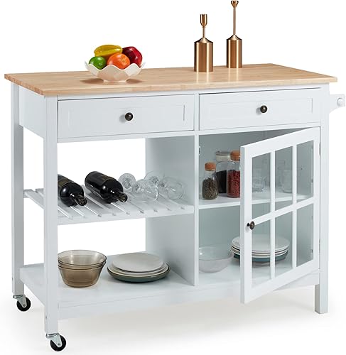 AVAWING Carrito de isla de cocina rodante con almacenamiento, carrito de cocina de 42 pulgadas de ancho con 2 ruedas, carrito de café con cajones y