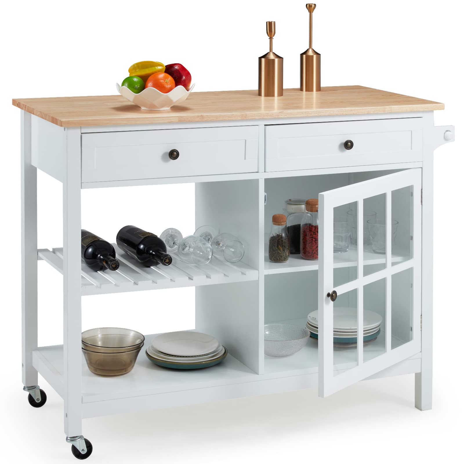 HOMHUM 42" Kitchen Island Cart on Wheels, Rolling Storage Cabinet Station with Solid Wood Top, 2 Drawers, Towel Rack, Open Display Shelf, White