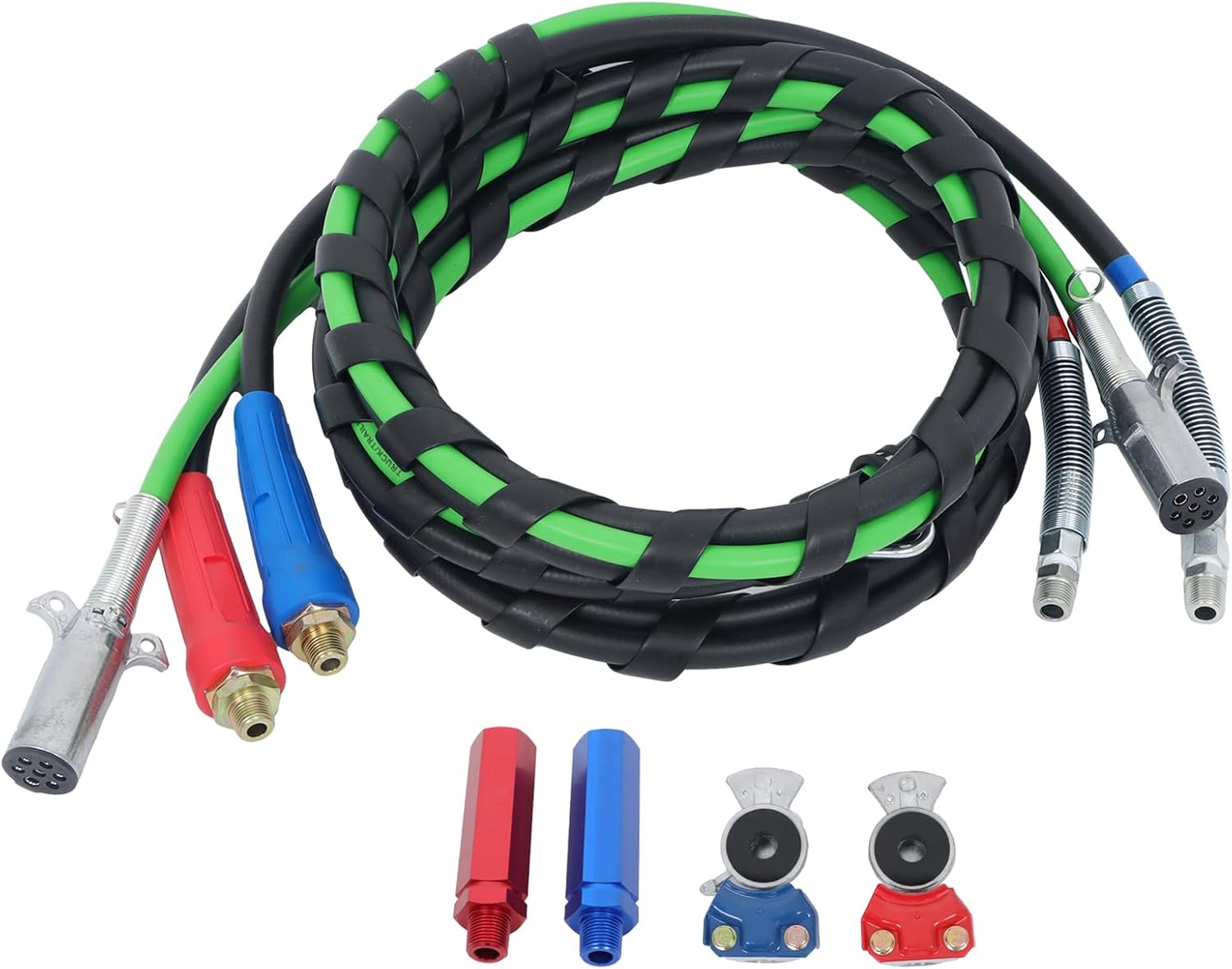 WFLNHB 15 Ft 3 in 1 ABS 7 Way Electrical Cable and Rubber Air Line Hose Wrap with Aluminum Service Emergency Glad Hands and Extension Handles Replacement for Semi Truck Trailer Tractor