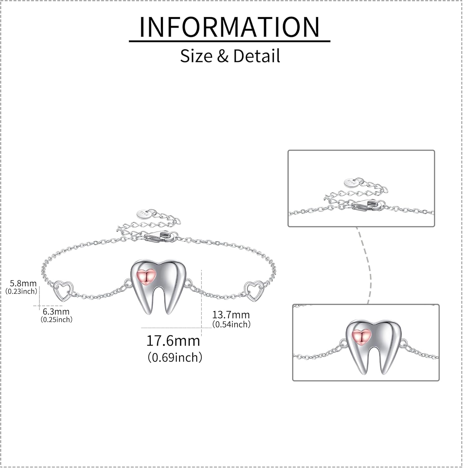 YAFEINI Sterling Silver Heart Tooth Bracelet - Dental Jewelry Gift for Women - Image 4