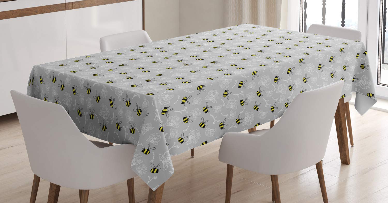 ABAKUHAUS Entomology Tablecloth, Bumblebees and Orchids, Dining Room Kitchen Rectangular Table Cover, 54 W X 78 L, Yellow Charcoal Grey