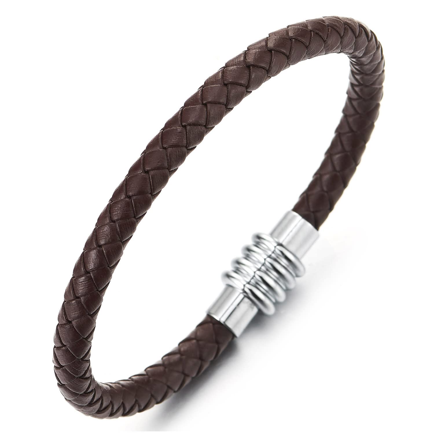 COOLSTEELANDBEYOND Hombre Mujer Trenzado Marrón Cuero Brazalete Pulsera con Cierre Magnético