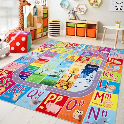 UKISS ABC Kids Rug Toddler Educational Play Rug for Learning Alphabet Numbers Colors Seasons and Animal Words 55x55Washable Classroom Area Rugs Non-Slip Kids Play Mat Carpet for Playroom