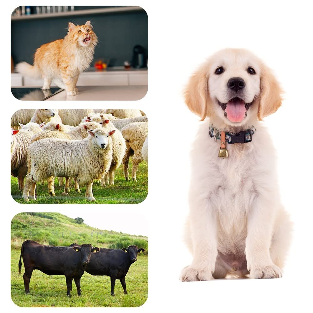 DONGKER Lot de 2 clochettes de collier pour chien et chat, cloches en métal pâturage en cuivre avec sangle bouton en cuir pour dressage d'animaux de compagnie