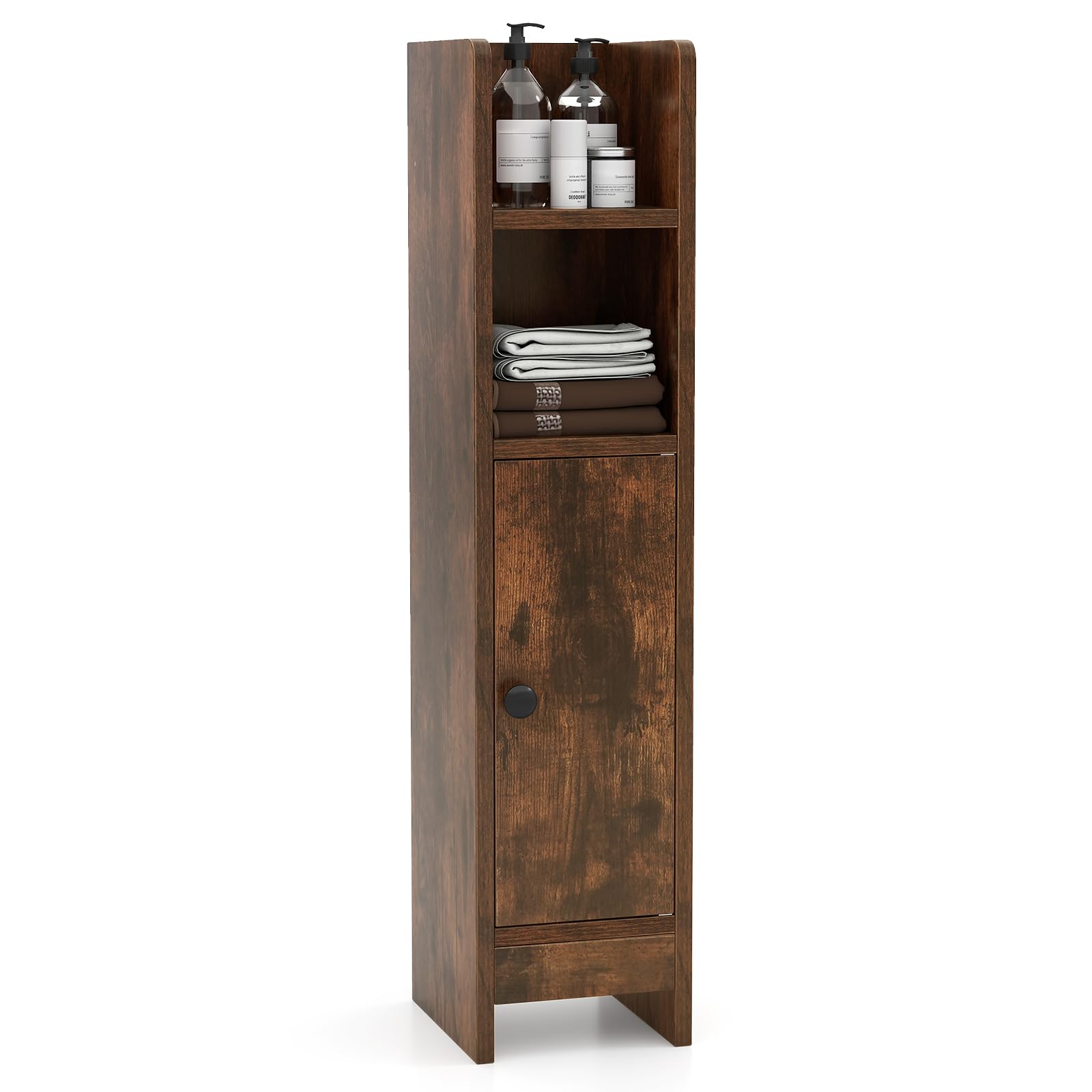 COSTWAY Slim Bathroom Floor Cabinet, Narrow Bathroom Storage Unit with Door and 4/5-Tier Shelves, Freestanding Toilet Paper Holder Cupboard Organiser for Small Space (1 Adjustable Shelf, Rustic Brown)