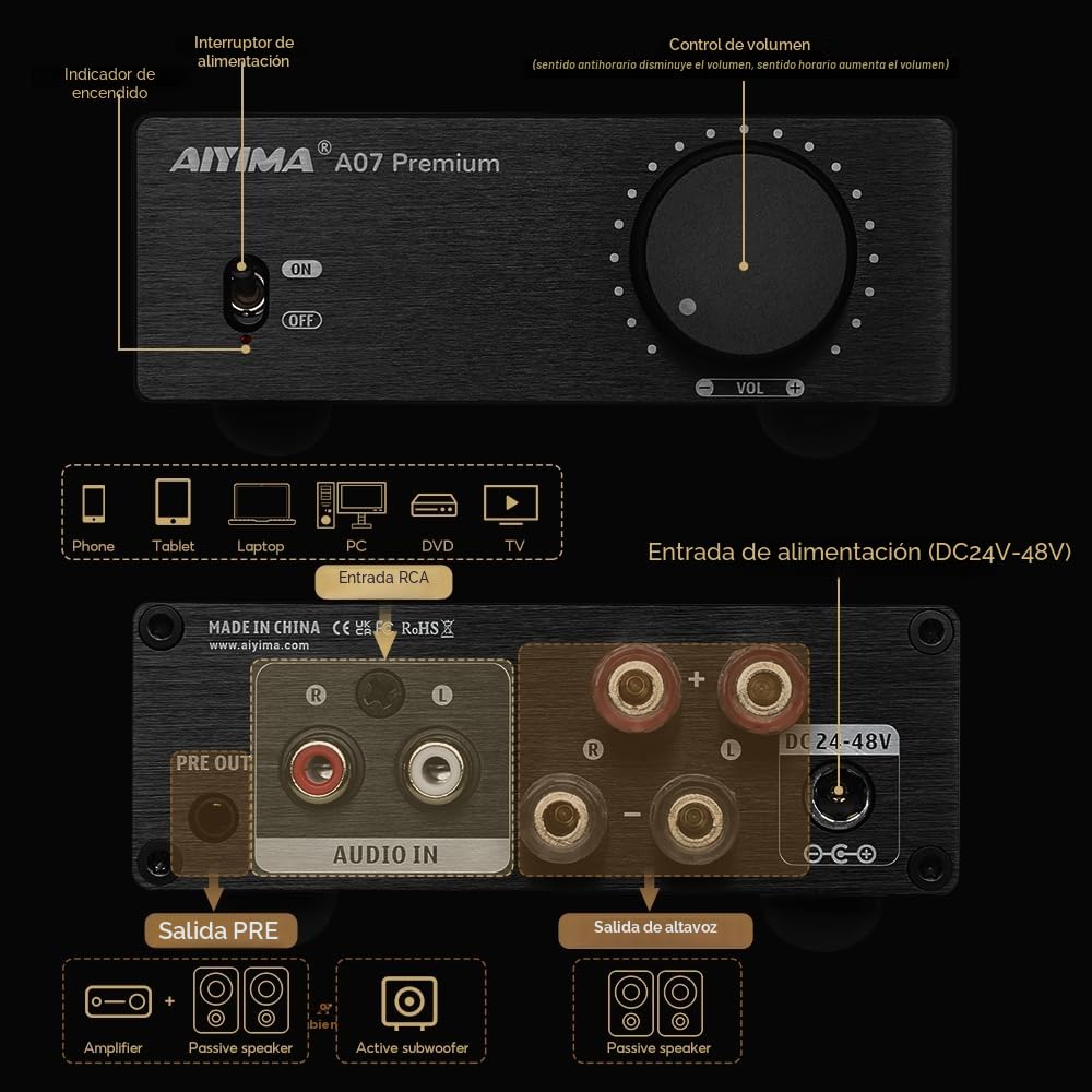 Actualización AIYIMA A07 Premium TPA3255 Mini Amplificador de Potencia 4 Ohm 300Wx2 HiFi Clase D Amp Integrado Amplificador Estéreo de 2 Canales para Altavoz Pasivo Home Audio