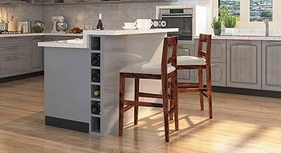 THE WOODEN CITY Stinson Solid Wood Bar Stool, Teak, Counter Height, Sheesham Wood with Fabric Upholstery (Set of 1)