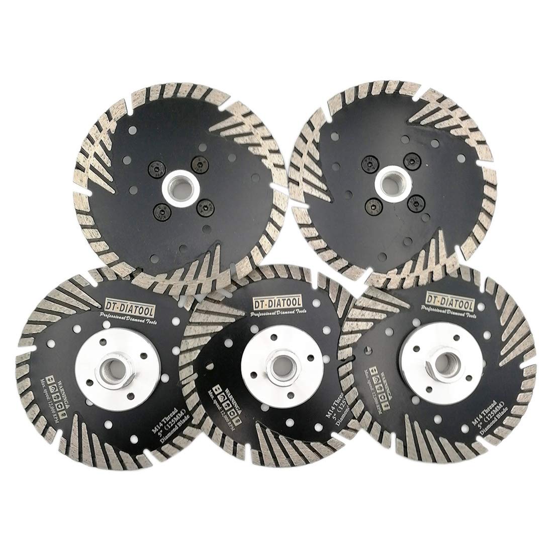 DT-DIATOOL Diamond Turbo Saw Blade with Slant Protection Teeth 5PCS 5 Inch / 125mm Cutting Disc with M14 Thread for Concrete Tile Granite Marble Masonry