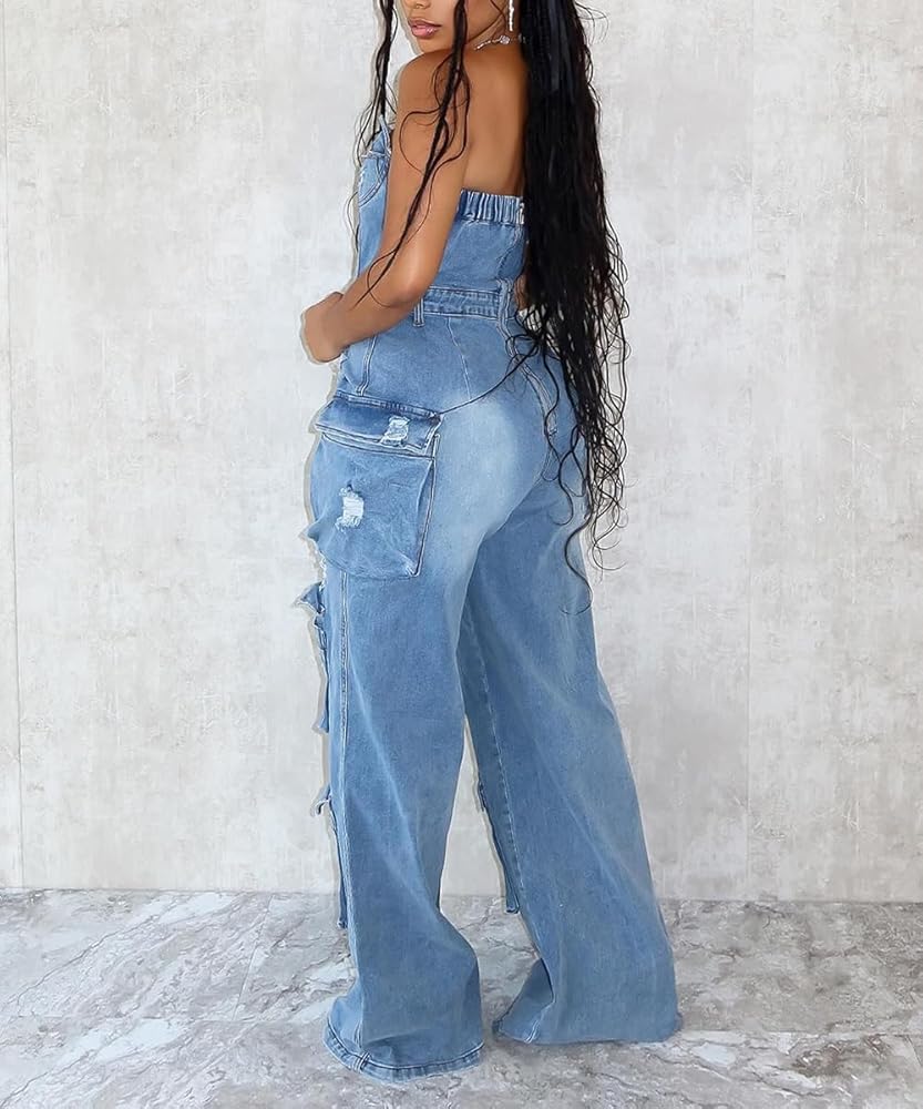 Amazon.com: TACSTRUN Women's Tube Top Denim Jumpsuit High