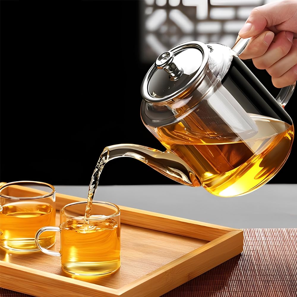 Teiera in Vetro da 650ml, Teiera Resistente al Calore in Vetro Borosilicato Trasparente con Filtro in Acciaio Inox, piccola teiera per foglie sfuse, erbe, frutta, bubble tea | Infusore Tè