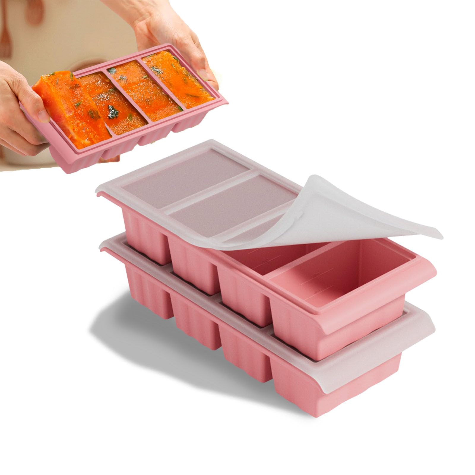 Bac à glaçons extra large en silicone avec couvercle – 2 super cubes de congélation – Pour 8 glaçons parfaits pour une portion de 1 tasse (rose) – Idéal pour les smoothies et les cocktails