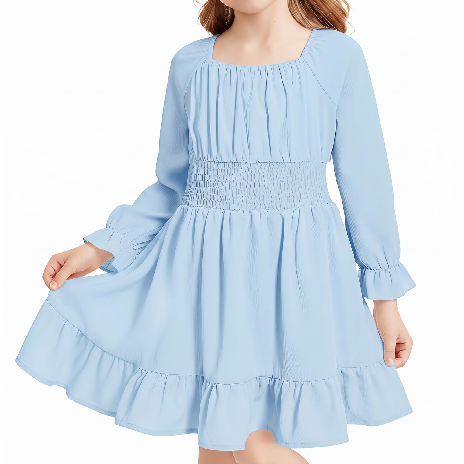 JiAmy Mädchen Kleid Quadratischer Ausschnitt Langarm Herbst A Linie Kleider Kinder Casual Elegante Party Prinzessin Festlicheskleid für Mädchen 5-13 Jahre