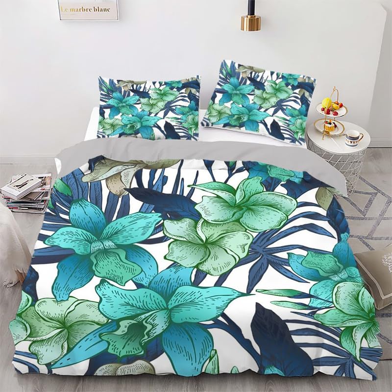 Housse de couette 240 x 260 haut de gamme microfibre dense motif plantes cyan