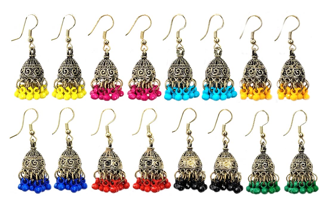 Hana creationsCombos Lively Colors Golden Silver Oxidised Traditional Stud ChandBali Jhumka/Jhumki Earrings for Women and Girls