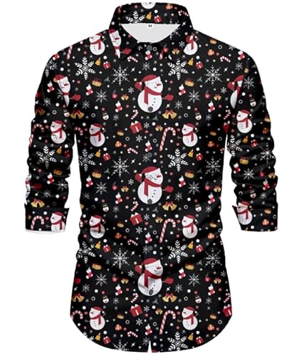 Christmas Shirts for Men Ugly Funny Long Sleeve Button Down Shirt Snowman Elf Santa Claus Reindeer Hawaiian Print Costuem Holiday Party (Black, L)