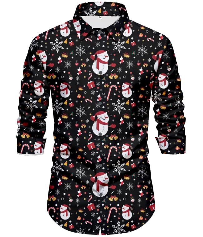 Camisa Navideña para Hombre Camisa Estampada 3D de Moda Camisa Informal de Manga Larga con Botones, Patrón de Papá Noel Ajustado (Negra, S)