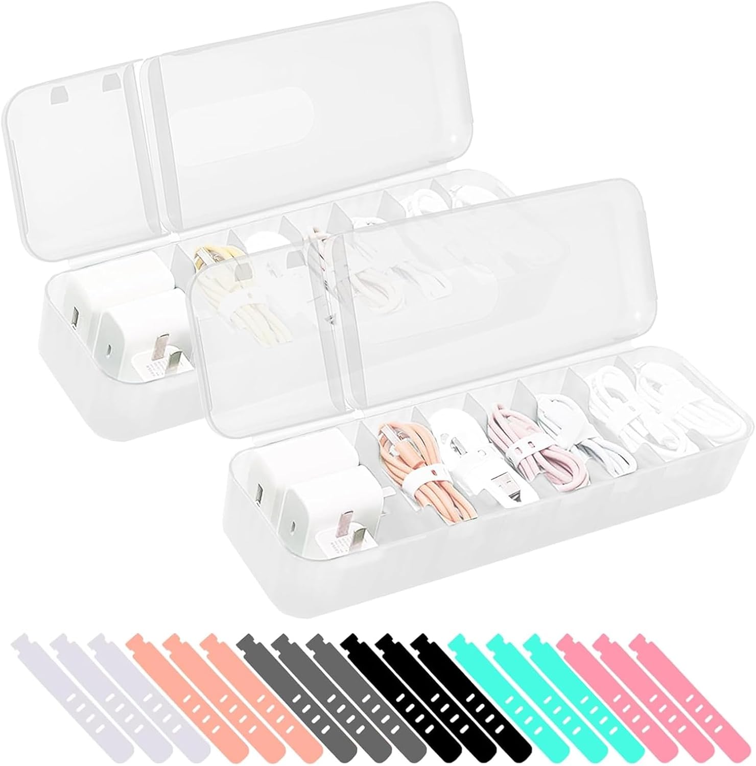 Cable Storage Box Pack of 2 Cable Organiser Box Charging Cable Organiser Cable Management Box with 7 Compartments and 18 Cable Ties Storage Box for Desk Storage Office White