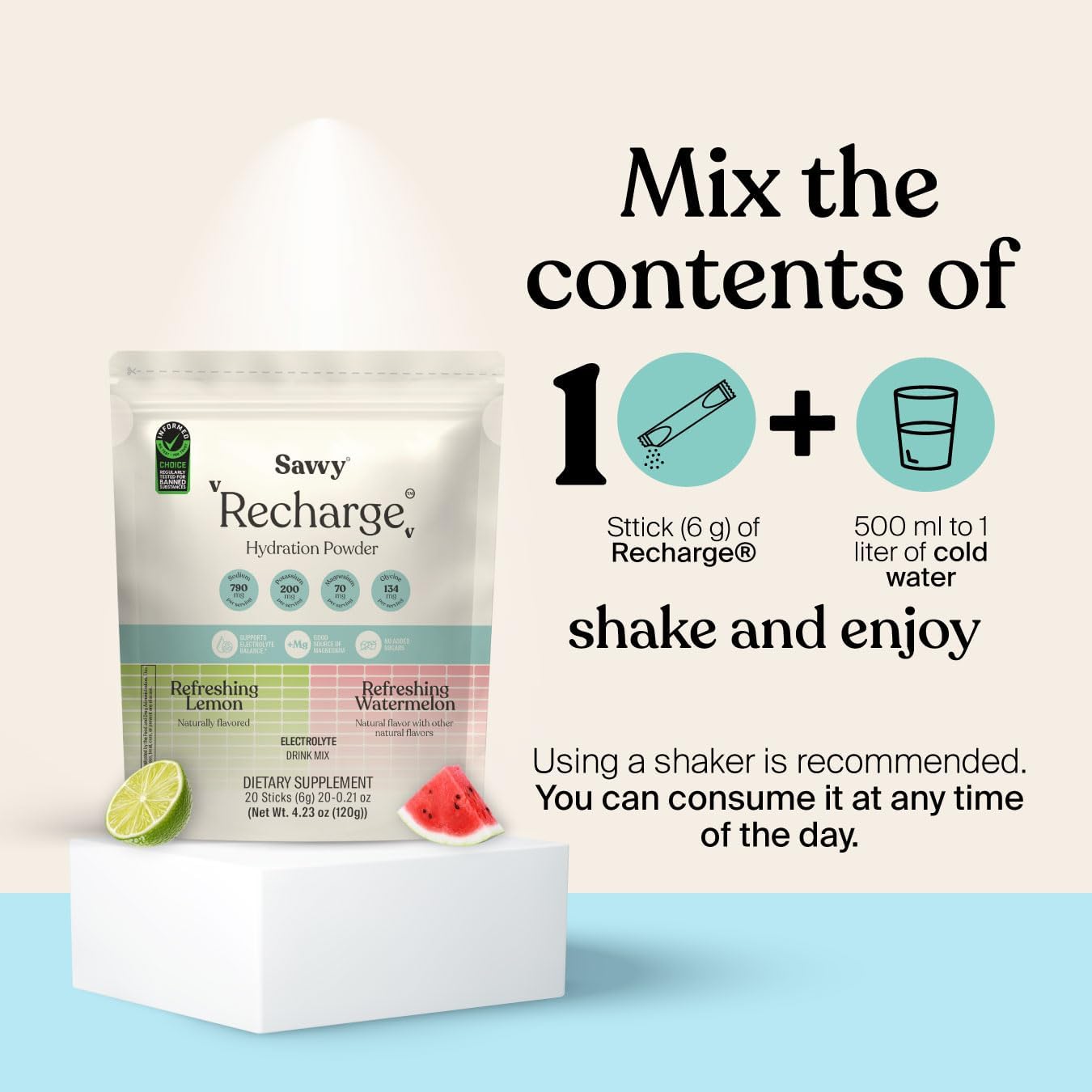 SAVVY Recharge Electrolyte Powder, Sugar Free Conscious Hydration Drink with Sodium, Magnesium, Potassium & Glycine, for Muscle Health, 20 Sachets (Variety (Lemon + Watermelon))