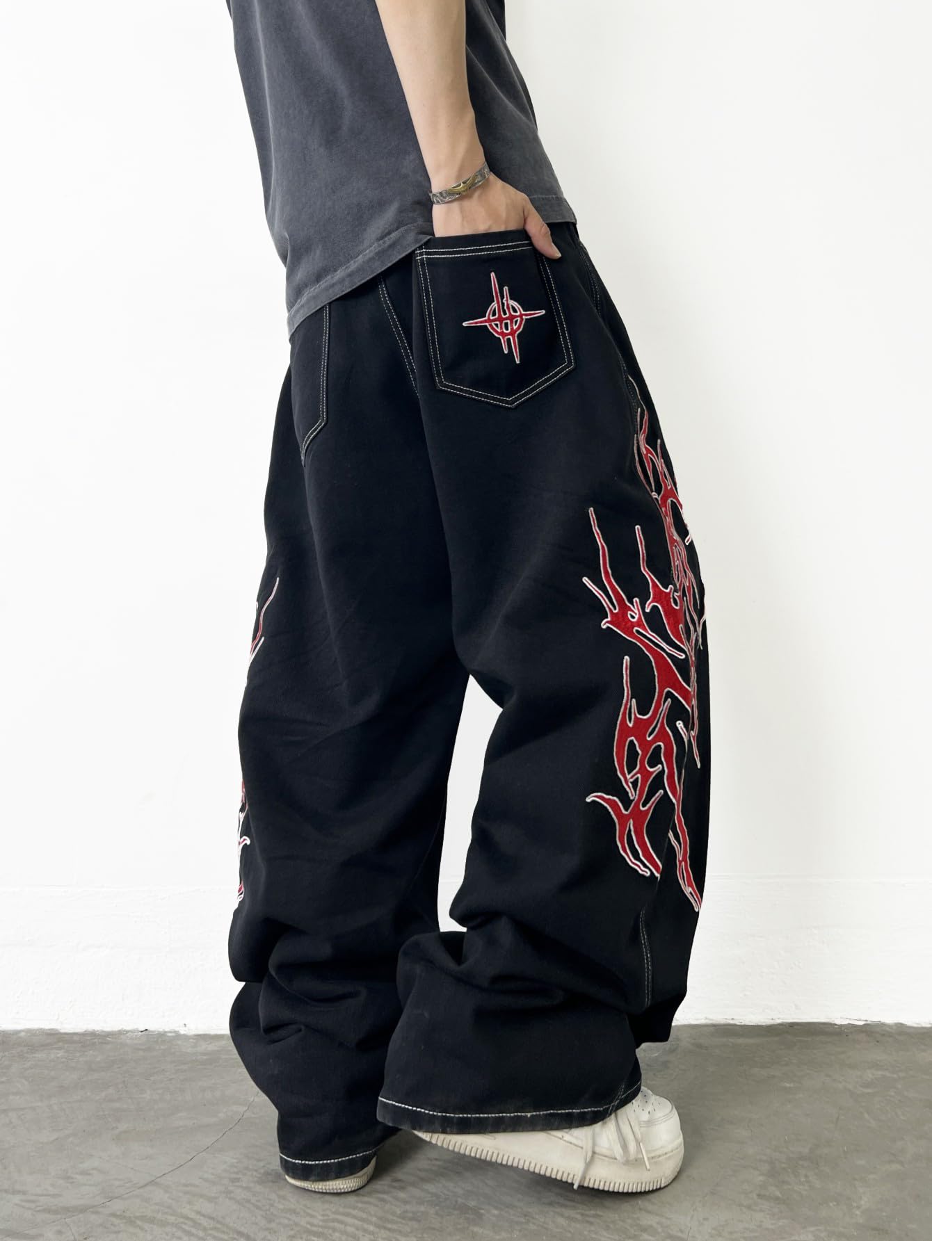 Pantalones vaqueros holgados bordados para hombre, hip hop, Y2K, pierna ancha, skater