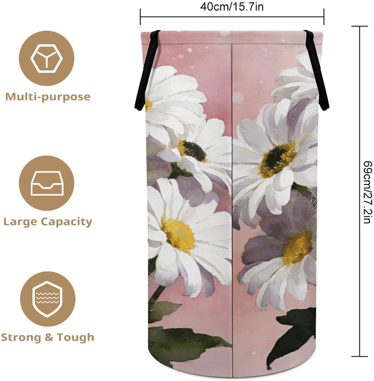 White Daisy Watercolor Floral Laundry Hamper with Handles Waterproof Collapsible Laundry Basket Large Lightweight Round Dirty Clothes Hamper for Home Dorm Bathroom Decor