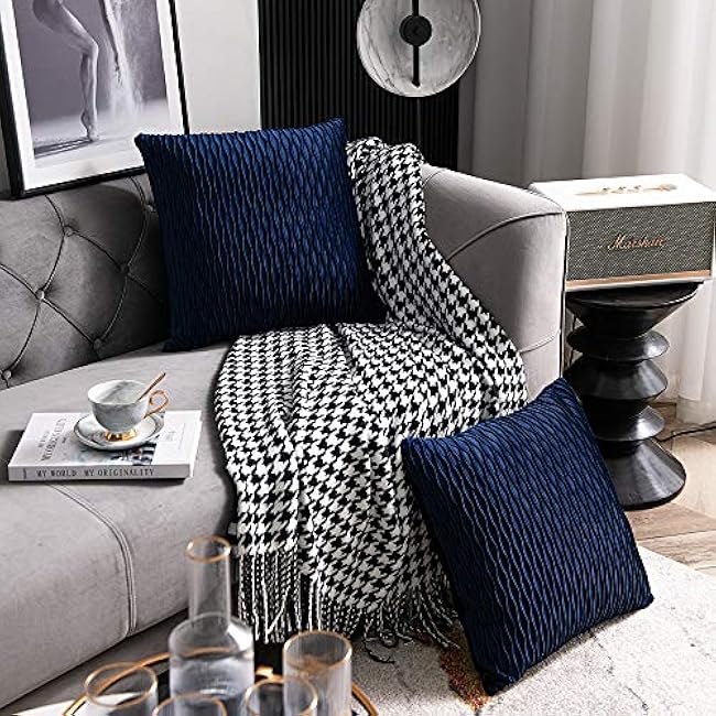 DEZENE Navy Striped Couch Pillow Cases: 2 Pack 18x18 Inch Original Velvet Square Throw Pillow Covers for Farmhouse Home Decor