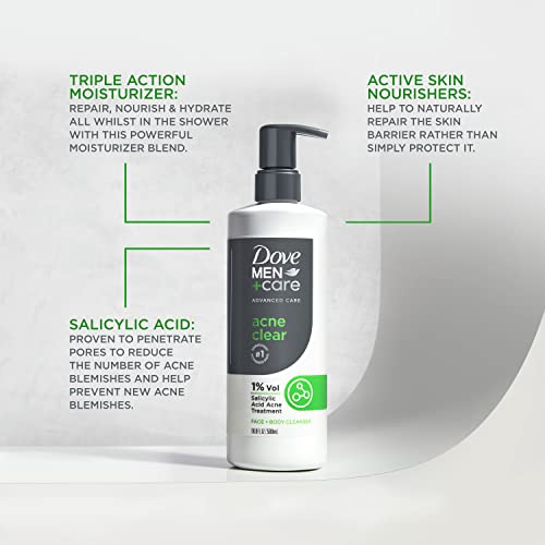 Dove Men + Care Advanced Care Cleanser Acne Clear 3 Count For Acne Prone Skin Face + Body Cleanser With 1% Salicylic Acid 16.9 Oz #TOP5