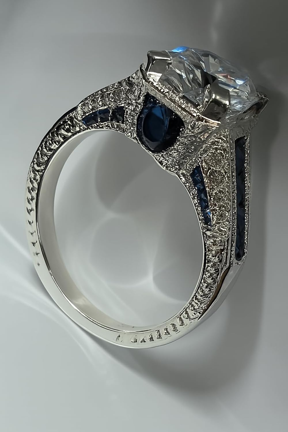 Lab-Created Art Deco Round Diamond & Blue Sapphire Engagement 925 Silver Ring