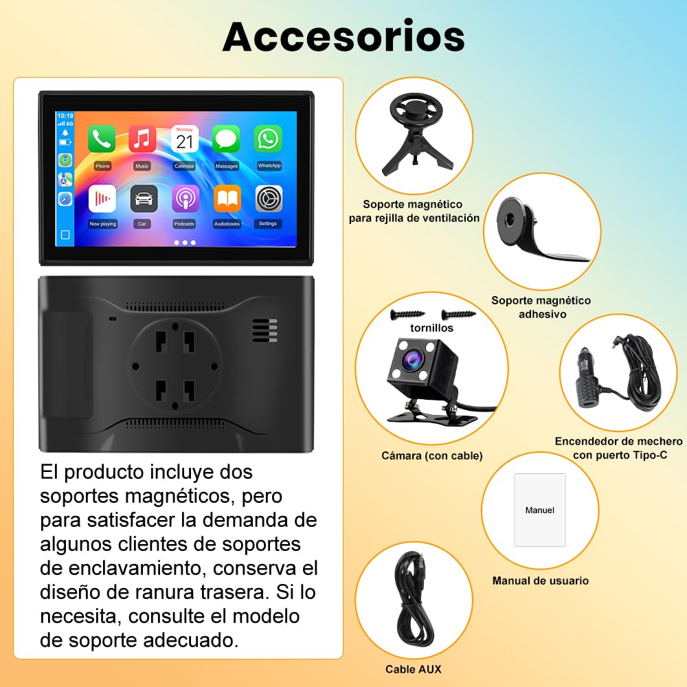 Junsun Pantalla para Coche 7" con CarPlay/Android Auto Inalámbrico, Pantalla Táctil con Soporte Magnético, Bluetooth, MirrorLink, FM y Cámara Trasera