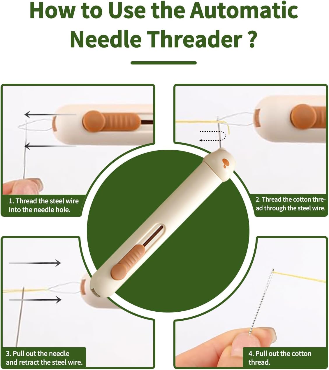 PODOEIL Automatic Needle Threader with 2pcs Sewing Thimble, 3 in 1 Needle Threaders with Needle Storage, Seam Ripper Needle Threaders for Hand Sewing, Crafting, Knitting (Beige) image 4