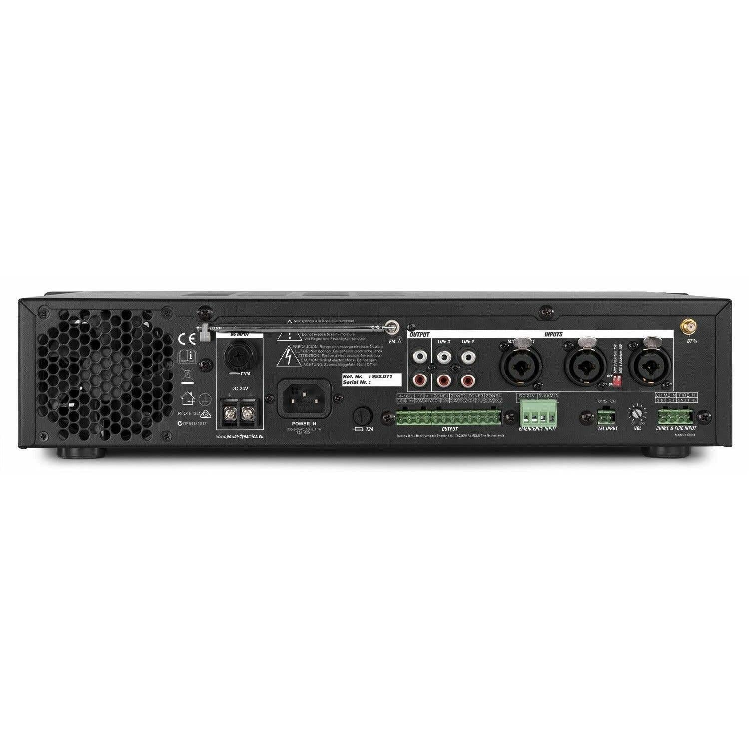 Power Dynamics PDV240 - Amplificador Mezclador 4 Zonas 240W con Reproductor USB SD Radio FM Bluetooth Mic 3X entradas Alarma Fuego 100V 8 Ohm Rack 19” Ecualizador Emergencia