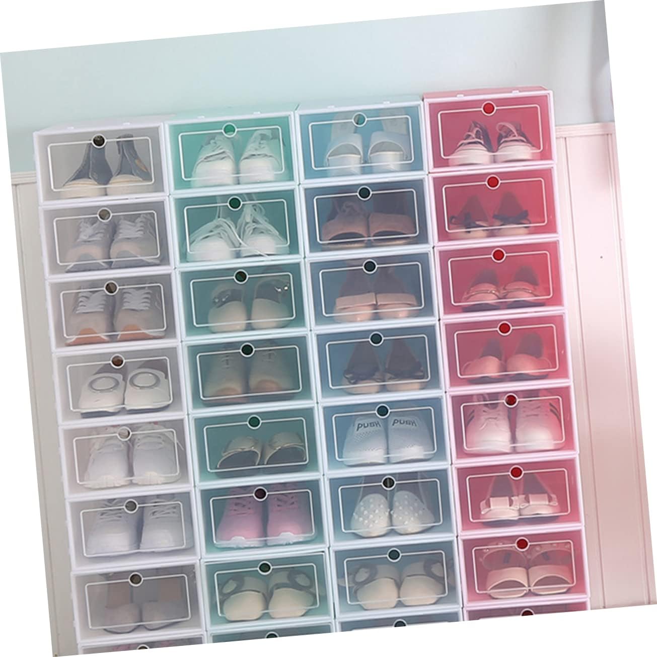 ABOOFAN 6PCS Thickened Transparent Stackable Shoe Boxes Plastic Storage Containers with Green for Closet Entryway Organizer