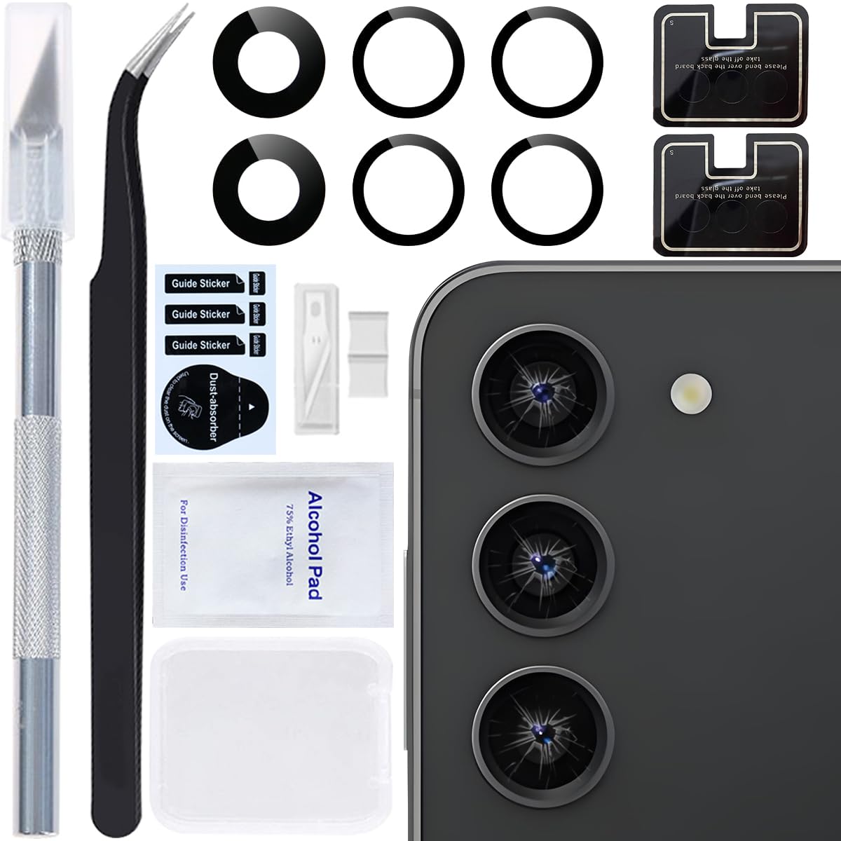 ZHUROUPU 修理用具との for Samsung ギャラクシー S23/S23+ 6.1inch 6.6inch SM-S911B SM-S916B のために前取付けられている接着剤とのギャラクシー S23/S23 プラス 5G の後部背部カメラ レンズのガラス取り替えのための 2 PCS