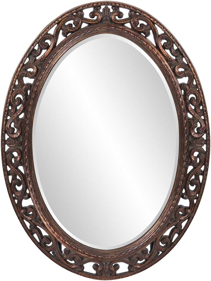 Howard Elliott Suzanne Antique Oval Hanging Wall Mirror, Vintage Vanity Mirror Wall Decor Ornate Scroll Pattern Resin Frame Mirror for Living Room, Bedroom, Farmhouse, Antique Gold Leaf, 27 x 37 Inch