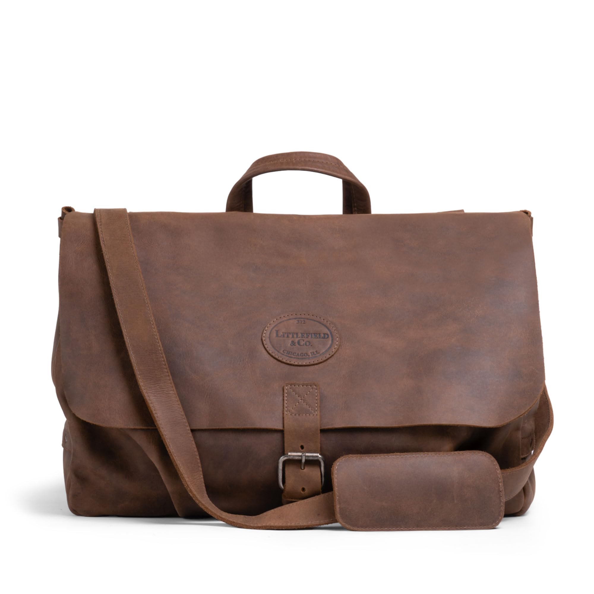 Littlefield & Co., Mail Carrier Satchel with Adjustable Shoulder Strap, Messenger Bag, Large Briefcase, Crossbody Bag for Men, Full Grain Leather,