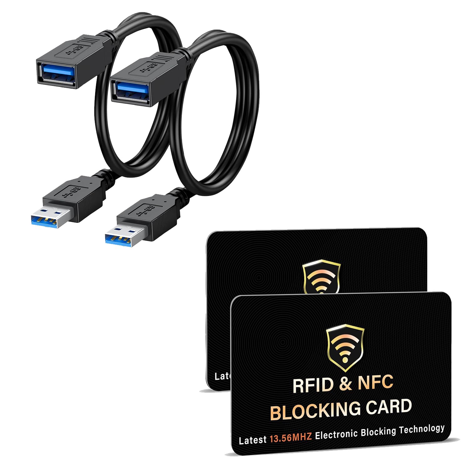 SaiTech IT 2 Pack RFID Blocking Card Bundle with 2 Pack Short Length 1 Feet USB 3.0 Extension Cable-Black
