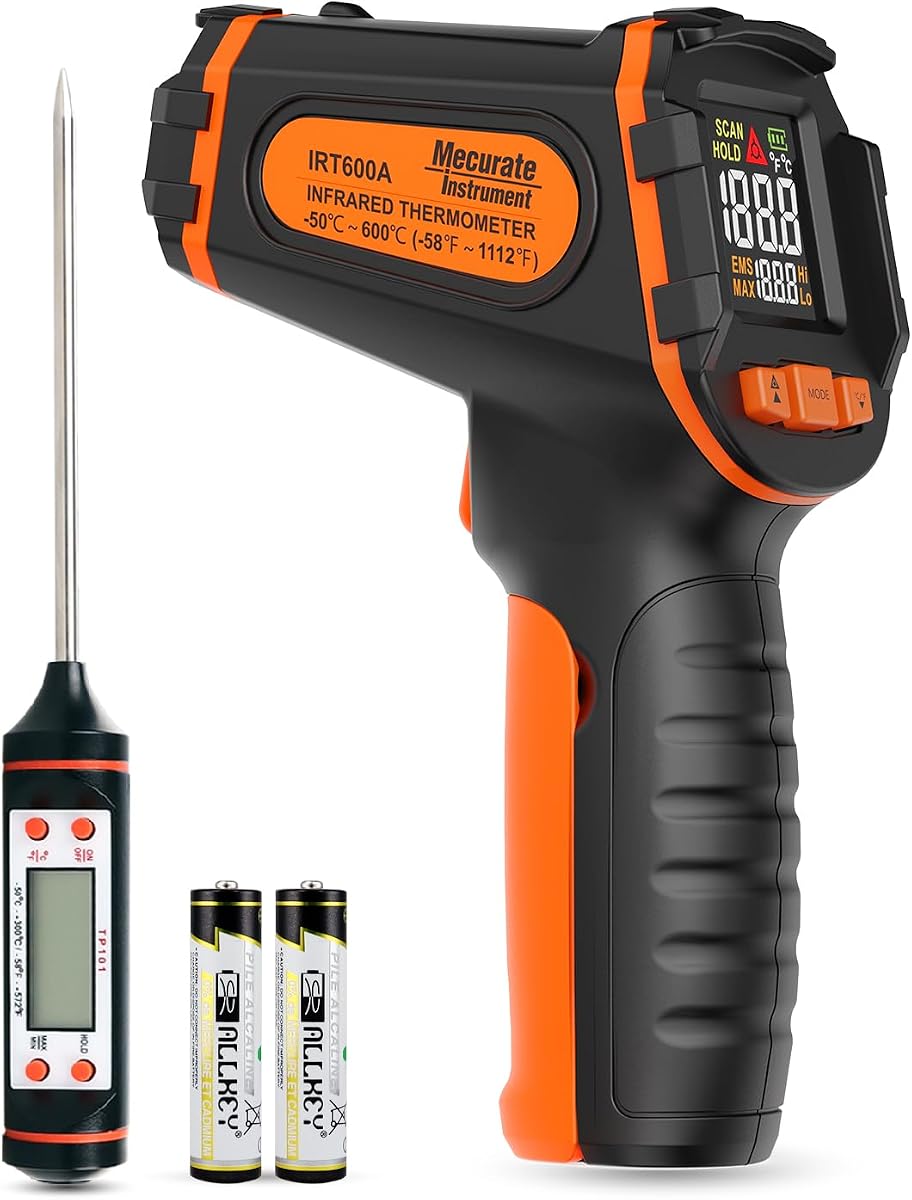 Pistola de termómetro infrarrojo -58°F a 1112°F Pistola de temperatura láser | Pistola de temperatura digital con termómetro de carne de sonda larga Emisividad ajustable para cocinar, barbacoa, congelador, uso industrial